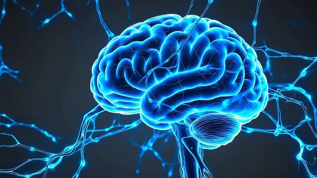 A blue glowing brain with neural connections is visualized from a frontal viewpoint in a dark environment.