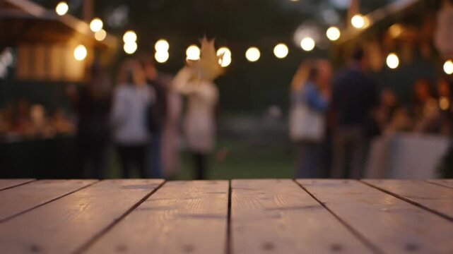 A clear wooden table stands in the foreground with blurred people at an outdoor party.