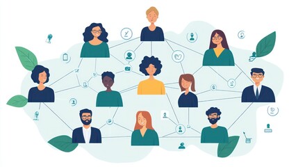 Diverse group of people connected through a network with leaves and icons in a circular arrangement