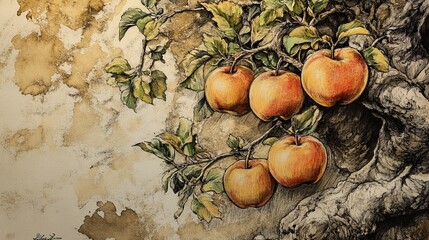 Autumnal Abundance: A Still Life of Apples on an Ancient Tree