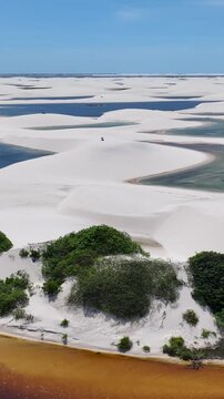 Lencois Maranhenses In Santo Amaro Maranhao Brazil. Unique Landscape Of White Sand Dunes And Crystal-Clear Lagoons. Shore Horizon Beach Sea. Shore Panning Wide. Santo Amaro Maranhao.