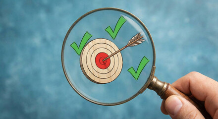 Target arrow magnifying glass check mark accuracy precision focus goal magnifying glass framing wooden target with arrow center and green check mark around symbolizing accuracy precision focus