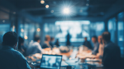 A projector, laptop, and presentation slides with professionals