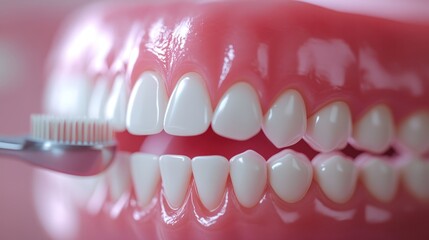 Close Page Page Rendering of Healthy Teeth being Brushed with Toothbrush in Dental Hygiene Context