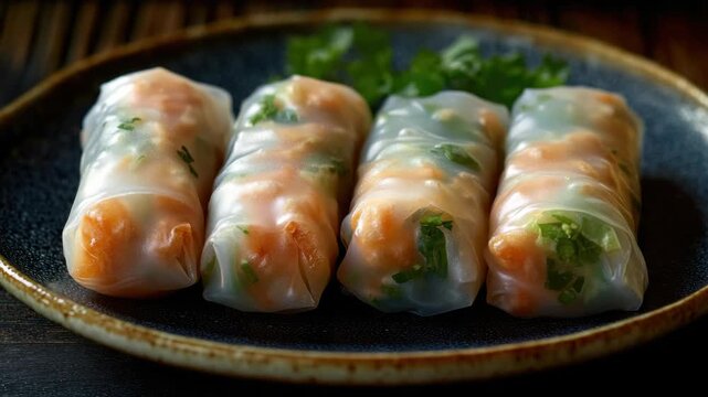 Ten spring rolls with a dipping sauce on a wooden serving board, garnished with herbs.