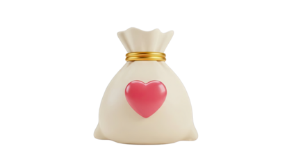 Cream drawstring bag with pink heart and gold tie
