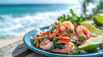 Shrimp ceviche by the ocean: a fresh, zesty seafood dish, perfect for a summer beach day. Enjoy the vibrant flavors and the stunning ocean view!