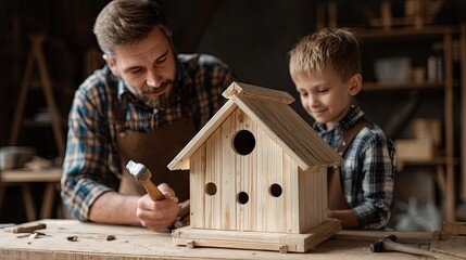 Father and son crafting a wooden birdhouse together.