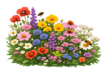 Wildflower meadow with vibrant poppies, daisies, cornflowers, and echinacea on transparent background, attracting bees