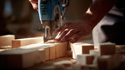 Close-up view of a craftsman using a jigsaw to cut wood.