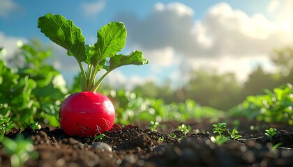 Vibrant red radish growing amidst soil and greenery, basking in sunlit nature with a blue sky backdrop