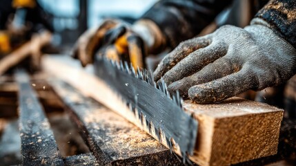 Hands in work gloves using a reciprocating saw to cut a piece of lumber.