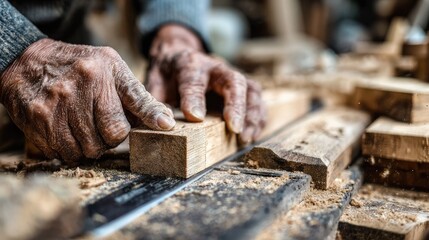 Close-up of aged hands shaping wood.