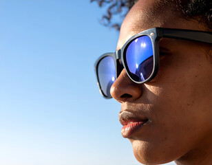Close-up of a person wearing reflective sunglasses against a clear blue sky, showcasing facial features and outdoor leisure theme, ideal for lifestyle imagery.