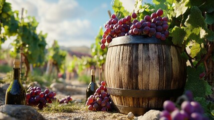 Vineyard Harvest: Sun-Drenched Grapes and Wooden Barrel
