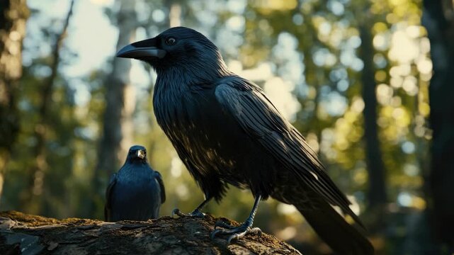 Two black crows perched on tree branch in sunlit forest background