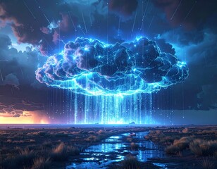 A massive, intensely glowing electric blue cloud hovers over a dark, dry landscape, raining down bright data streams toward the horizon.
