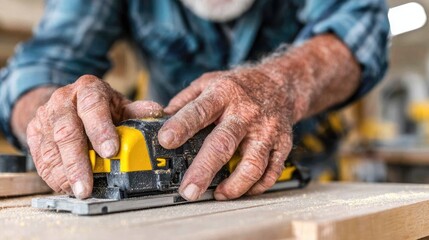 Close-up of weathered hands using a power sander on wood.