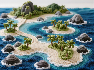 A vibrant crochet 3D model landscape diorama of the Similan Islands, Thailand