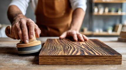 A craftsman polishes a piece of dark wood.