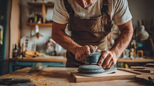 Skilled craftsman using a random orbital sander on a piece of wood.