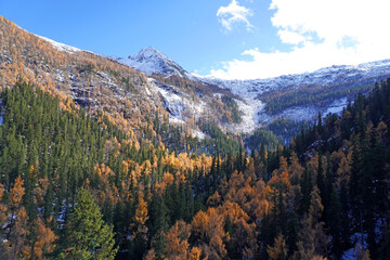 Autumn in Dagu Glacier National Park,Sichuan China, the "youngest," lowest-altitude, and closest glacier to a major city in the world with stunning views of snow-capped mountains and turquoise lake