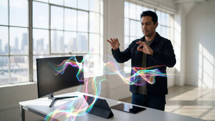 Creative professional conducting AI generated digital art streams for innovative design and content creation work