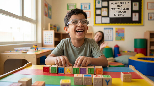 Middle Eastern boy playing with educational Braille alphabet blocks celebrates World Braille Day childhood learning fun for education and toy industry publications.