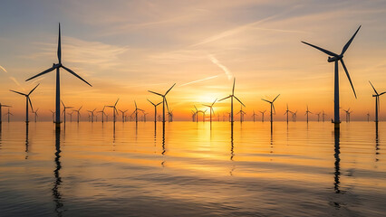 Wide panoramic shot of wind turbines at sea during sunset