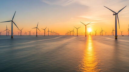 Wide panoramic shot of wind turbines at sea during sunset