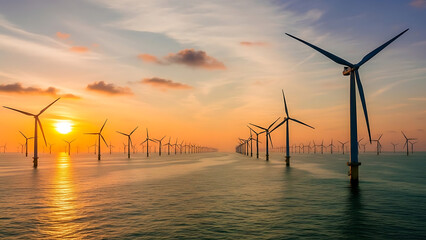 Wide panoramic shot of wind turbines at sea during sunset