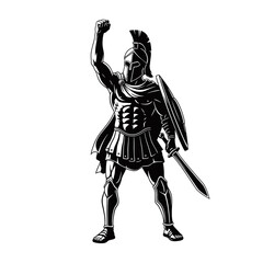 Fototapeta premium Black and white illustration of a powerful Spartan warrior in full armor, raising a fist triumphantly with a shield and sword.