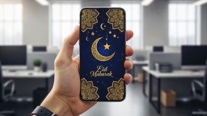 Elegant Smartphone Design with Moon and Star Patterns in Modern Office Environment
