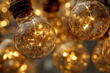 Warm Glow of Decorative Light Bulbs with Golden Glittering Effect