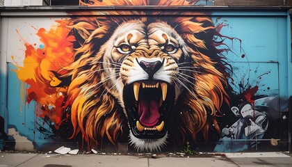 Vibrant street art snarling lion mural with splatters of paint on a weathered building facade in a city setting