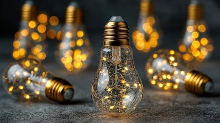 Glowing Light Bulbs with Warm String Lights on Dark Background