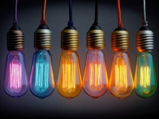 Vintage Style Light Bulbs Hanging with Colorful Glow and Detail