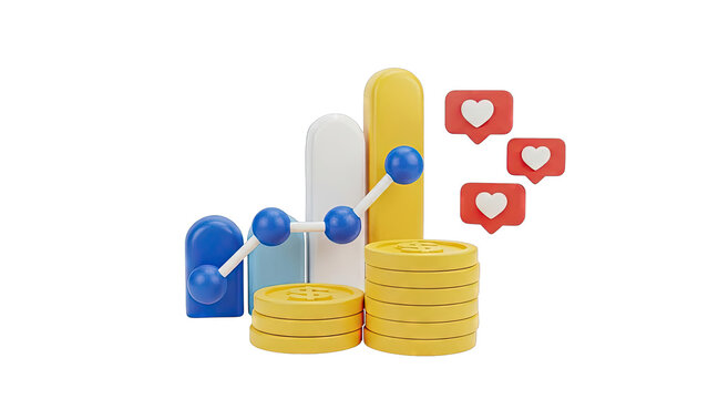 3D Graph with Coins and Likes - Powered by Adobe