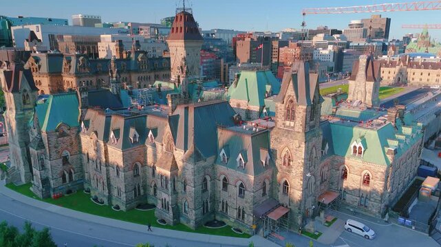 Ottawa, Ontario, Canada. July 4, 2025: East Block building on Parliament Hill drone perspective