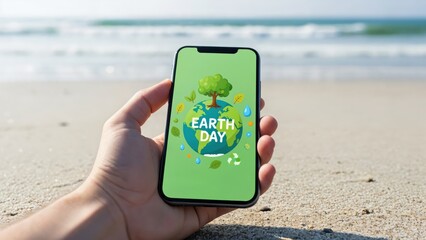 Handholding Smartphone with Earth Day Theme on Beach Sand by Ocean Waves