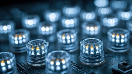 Close-up of Glowing LED Lights on Circuit Board for Technology Themes