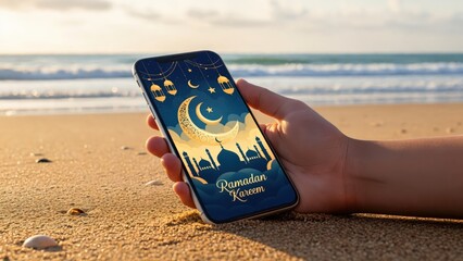 Hand Holding Smartphone with Ramadan Decoration on Beach and Sunset Background