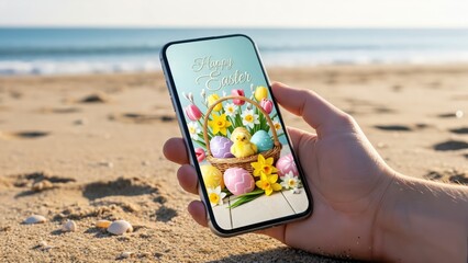 Colorful Phone Displaying Easter Theme on Beach Sand with Hand Holding Device