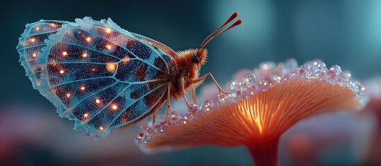 Butterfly with glowing wings perched on a sparkling mushroom
