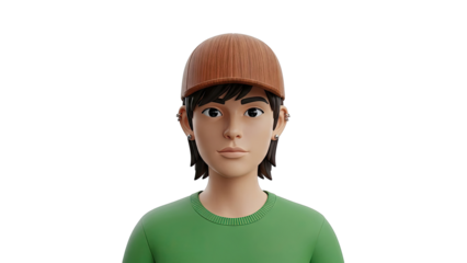 3D Character Portrait: Young Person with Brown Cap and Green Shirt