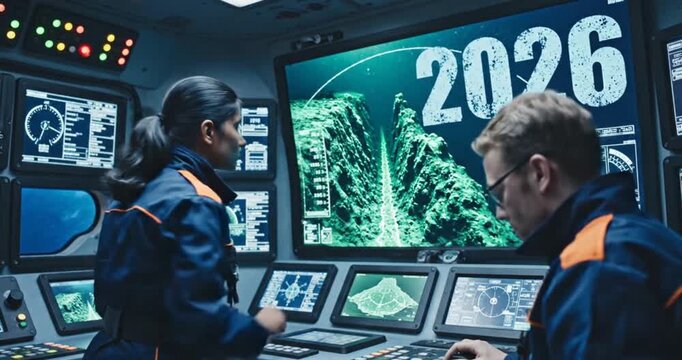 Futuristic Mission Control Room with 2026 Display.
