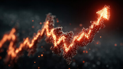 Glowing, stylized upward arrow made of fiery particles symbolizing growth or increase.