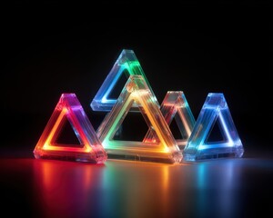 Colorful Glow of Transparent Triangular Shapes on Dark Surface