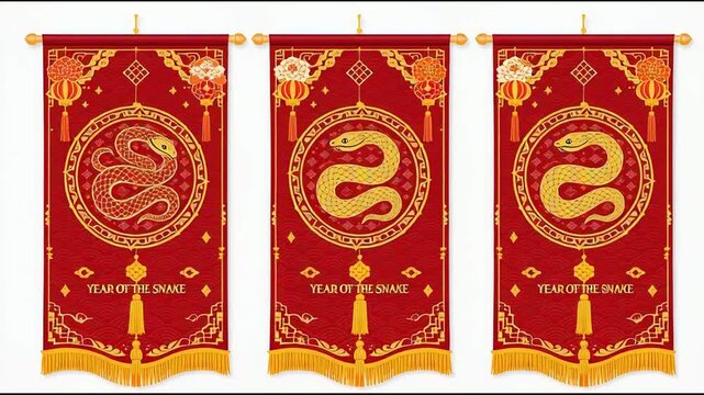 Vibrant red banners displaying golden snake zodiac symbol and traditional festive decorations
