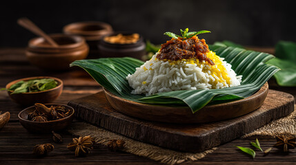 Nasi lemak serving  coconut rice  authentic Malaysian presentation